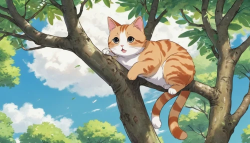 cats in tree,felidae,he is climbing up a tree,red tabby,ocicat,chestnut tiger,cat vector,treetop,cat on a blue background,tree top,ginger cat,hanging cat,mirabelle tree,cartoon cat,tabby cat,firestar,calico cat,bengal cat,japanese bobtail,cat image,Illustration,Japanese style,Japanese Style 01