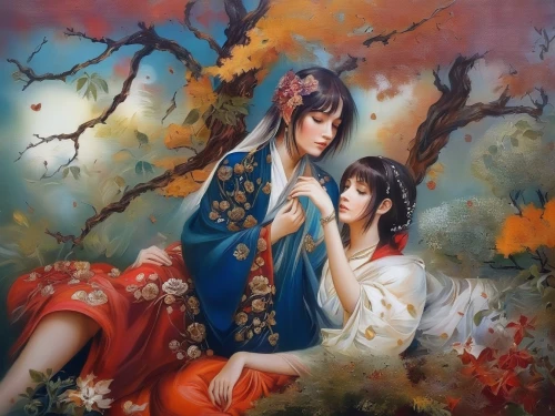 chinese art,oriental painting,young couple,japanese art,romantic portrait,oriental,khokhloma painting,oil painting on canvas,two girls,dongfang meiren,rou jia mo,fantasy picture,splendor of flowers,nước chấm,art painting,oil painting,fantasy art,indian art,korean culture,oriental princess,Illustration,Paper based,Paper Based 04