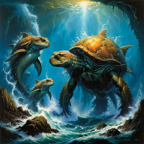 sea monsters,cuthulu,god of the sea,marine reptile,aquarium inhabitants,sea devil,deep sea nautilus,aquatic animals,kraken,sea god,marine animal,cynorhodon,terrapin,merfolk,poseidon,maelstrom,kemp's ridley sea turtle,mergus,nautilus,sea animal,Illustration,Realistic Fantasy,Realistic Fantasy 32