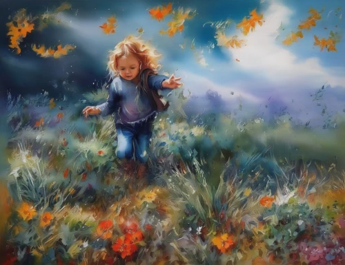 girl picking flowers,little girl in wind,girl in flowers,chasing butterflies,flying dandelions,meadow in pastel,little girl running,flower painting,girl in the garden,little girl with balloons,children's background,oil painting on canvas,dandelion meadow,little girl fairy,meadow play,cloves schwindl inge,child playing,child fairy,girl and boy outdoor,oil painting,Illustration,Paper based,Paper Based 04