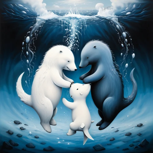 polar bear children,marine mammals,polar bears,oceanic dolphins,sea mammals,two dolphins,beluga whale,sea cows,bottlenose dolphins,marine mammal,white dolphin,dolphins in water,kawaii animals,dolphins,whimsical animals,pilot whales,icebear,whales,yinyang,aquatic animals,Illustration,Abstract Fantasy,Abstract Fantasy 22