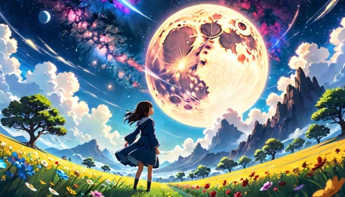 moon and star background,lunar,studio ghibli,earth rise,fairy galaxy,dream world,valley of the moon,moon and star,blooming field,cosmos field,falling stars,fairy world,sky,cosmos,star sky,rainbow and stars,the moon and the stars,cg artwork,moon walk,lunar landscape,Anime,Anime,Realistic