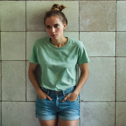 girl in t-shirt,sage green,agave,tiles,isolated t-shirt,denim background,almond tiles,blogger icon,truck stop,olive butter,olive,tshirt,in a shirt,concrete chick,menta,jean shorts,spanish lime,heather green,distressed,photo session in torn clothes,Photography,Documentary Photography,Documentary Photography 27