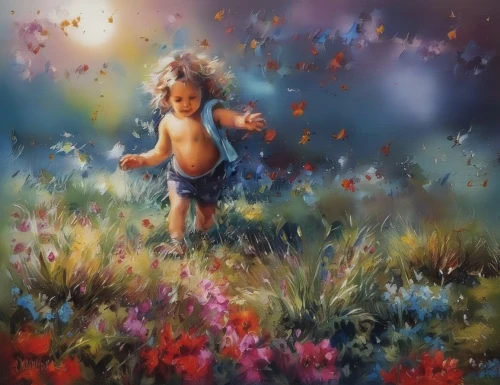 child fairy,little girl fairy,girl picking flowers,girl in flowers,chasing butterflies,children's background,meadow in pastel,flower fairy,blue butterflies,flower painting,little girl in wind,meadow play,faerie,fairies aloft,little girl with balloons,girl in the garden,fairy world,summer meadow,fairies,little girl running,Illustration,Paper based,Paper Based 04