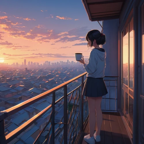 daybreak,window sill,sunrise,euphonium,evening atmosphere,dawn,darjeeling,sky apartment,drinking coffee,darjeeling tea,windowsill,window seat,morning light,early morning,tea zen,atmosphere,rooftop,summer evening,above the city,on the roof,Illustration,Japanese style,Japanese Style 05