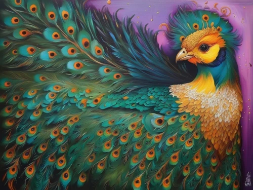 peacock,fairy peacock,bird painting,phoenix rooster,portrait of a hen,chicken coop door,male peacock,peafowl,guacamaya,caique,blue peacock,perico,cockerel,yellow chicken,plumage,feathers bird,feathered,garuda,summer plumage,oil painting on canvas,Illustration,Paper based,Paper Based 04