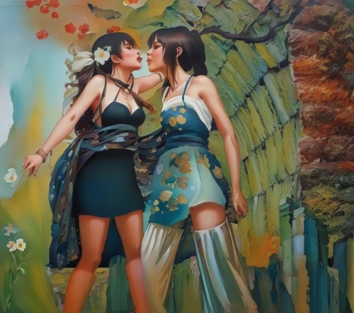 chinese art,two girls,oriental painting,photo painting,floral greeting,kiss flowers,oil painting on canvas,art painting,fantasy art,fantasy picture,bodypainting,girl kiss,pin-up girls,oil painting,secret garden of venus,mural,3d fantasy,social,world digital painting,perfume,Illustration,Paper based,Paper Based 04