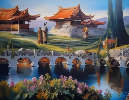 chinese art,fantasy landscape,chinese background,landscape background,forbidden palace,khokhloma painting,chinese temple,hall of supreme harmony,fantasy picture,oriental painting,fantasy world,shanghai disney,nước chấm,dongfang meiren,golf course background,asian architecture,fantasy city,lotus pond,chinese architecture,dragon boat,Illustration,Paper based,Paper Based 04