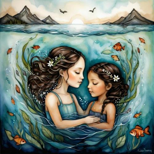 mermaids,water nymph,little girl and mother,mermaid background,believe in mermaids,two girls,sirens,watery heart,water connection,lilo,mother and daughter,mermaid vectors,submerged,capricorn mother and child,under the water,girl with a dolphin,let's be mermaids,underwater background,young women,oil painting on canvas,Conceptual Art,Daily,Daily 34