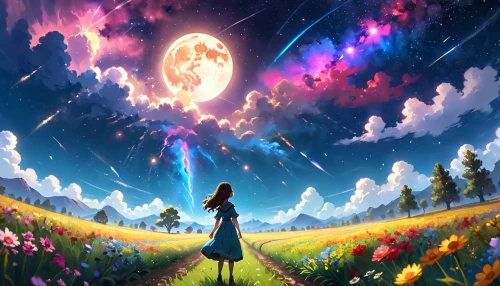 fairy galaxy,cosmos field,moon and star background,colorful stars,dream world,star sky,cosmos,falling stars,blooming field,universe,falling star,fairy world,rainbow and stars,starlight,starscape,the moon and the stars,moon and star,starry sky,star winds,space art,Anime,Anime,Cartoon