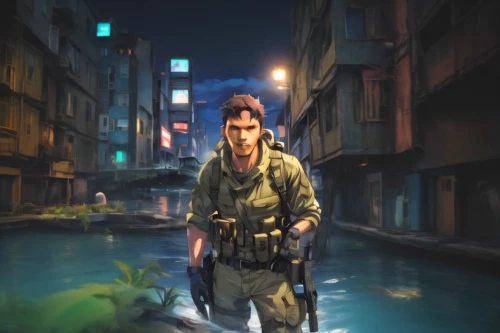 game illustration,world digital painting,cuba background,vietnam,cargo pants,rifleman,game art,sci fiction illustration,kowloon city,post apocalyptic,saigon,shooter game,mercenary,ballistic vest,hk,swat,lost in war,combat medic,kowloon,hanoi