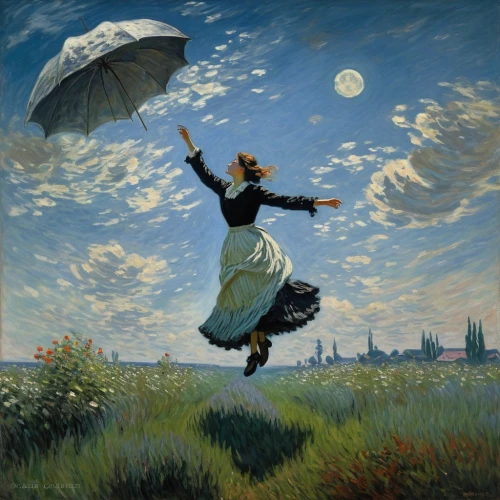 mary poppins,little girl in wind,flying dandelions,leap for joy,man with umbrella,woman playing,flying girl,little girl with umbrella,sound of music,montgolfiade,woman playing tennis,leaping,throwing leaves,summer umbrella,falling flowers,flying seeds,umbrella,parasol,flying,girl in the garden,Art,Artistic Painting,Artistic Painting 04