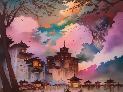 fantasy landscape,fantasy city,studio ghibli,fairy tale castle,watercolor background,fantasy world,fairytale castle,meteora,fantasy picture,dusk background,fairy village,disney castle,shanghai disney,castle of the corvin,aurora village,houses silhouette,castles,colorful city,castel,violet evergarden,Illustration,Paper based,Paper Based 04