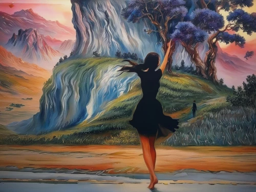 dance with canvases,oil painting on canvas,surrealism,girl with tree,fantasia,oil painting,oil on canvas,woman walking,the spirit of the mountains,el salvador dali,art painting,fantasy picture,fantasy art,girl walking away,imagination,dali,girl in a long dress,mystical portrait of a girl,little girl in wind,3d fantasy,Illustration,Paper based,Paper Based 04