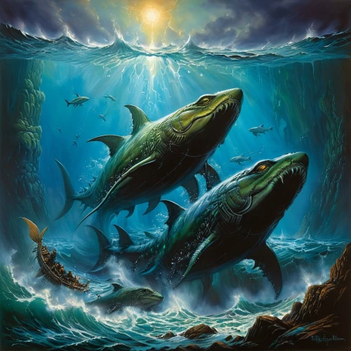 marine reptile,whales,sea monsters,oceanic dolphins,underwater landscape,sea mammals,dolphins,god of the sea,cetacea,aquarium inhabitants,merfolk,dolphins in water,aquatic animals,humpback whale,pilot whales,forage fish,krill,sea scouts,humpback,sea landscape,Illustration,Realistic Fantasy,Realistic Fantasy 32