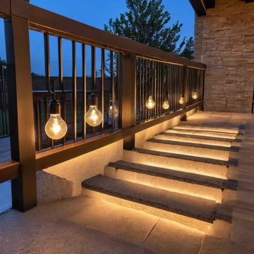 landscape lighting,security lighting,patio heater,halogen spotlights,wooden stair railing,metal railing,track lighting,ambient lights,block balcony,outside staircase,railing,stone stairs,wooden decking,light fixture,wooden beams,energy-saving bulbs,halogen light,patio furniture,outdoor table,wood deck