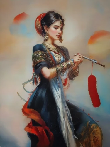 woman playing violin,violin woman,saraswati veena,woman playing,radha,violinist,violin player,bansuri,indian art,shehnai,indian woman,harp player,ethnic dancer,the flute,khokhloma painting,flute,rudra veena,tambourine,flautist,violin,Illustration,Paper based,Paper Based 04