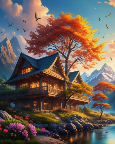 autumn background,landscape background,autumn landscape,home landscape,fall landscape,fantasy landscape,autumn mountains,autumn scenery,house in mountains,fantasy picture,autumn idyll,beautiful landscape,world digital painting,house in the mountains,mountain scene,roof landscape,nature landscape,house with lake,mountain landscape,splendid colors,Photography,General,Realistic