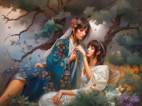 young couple,chinese art,romantic portrait,oriental painting,romantic scene,fantasy picture,secret garden of venus,fairies,idyll,scent of jasmine,dongfang meiren,ao dai,lilies of the valley,capricorn mother and child,oriental longhair,jasmine blossom,jasmine blue,fantasy art,jasmine flowers,vintage fairies,Illustration,Paper based,Paper Based 04