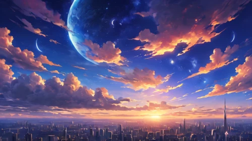 futuristic landscape,skyscape,sky,sky city,skyline,skycraper,new world,skywatch,dream world,world end,fantasy world,earth rise,planet,skyflower,other world,earth,hot-air-balloon-valley-sky,heliosphere,the sky,world digital painting,Photography,General,Natural