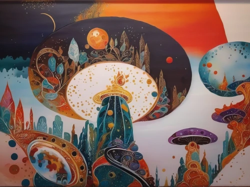 mushroom landscape,panoramical,space art,psychedelic art,solar system,planets,planet eart,alien planet,planetary system,alien world,cosmos,dali,universe,gas planet,oil on canvas,planet,planet alien sky,mural,planetarium,starscape,Illustration,Paper based,Paper Based 04