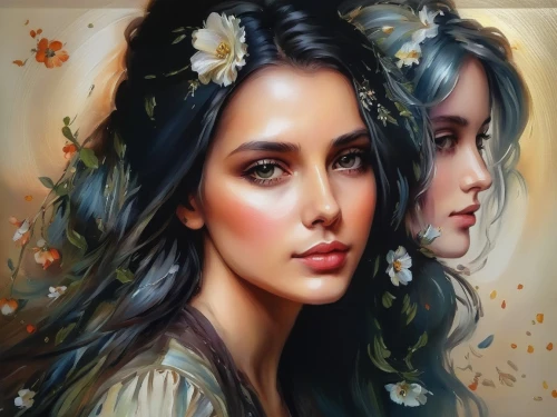 oil painting on canvas,fantasy portrait,mystical portrait of a girl,oil painting,boho art,art painting,romantic portrait,fantasy art,flower painting,twin flowers,faery,girl portrait,elven flower,floral wreath,jasmine blossom,wreath of flowers,girl in flowers,world digital painting,watercolor women accessory,photo painting,Illustration,Paper based,Paper Based 04