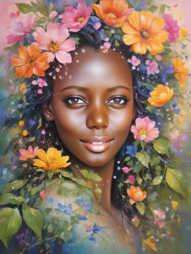 girl in flowers,girl in a wreath,oil painting on canvas,african woman,flower painting,beautiful girl with flowers,african art,african american woman,mystical portrait of a girl,beautiful african american women,oil painting,wreath of flowers,african daisies,flower art,flora,oil on canvas,cloves schwindl inge,afro american girls,splendor of flowers,flower girl