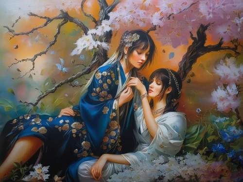 romantic portrait,young couple,romantic scene,japanese art,chinese art,oriental painting,beautiful couple,love couple,blue birds and blossom,splendor of flowers,fantasy picture,girl and boy outdoor,everlasting flowers,the cherry blossoms,japanese floral background,oil painting on canvas,art painting,adam and eve,amano,couple in love,Illustration,Paper based,Paper Based 04