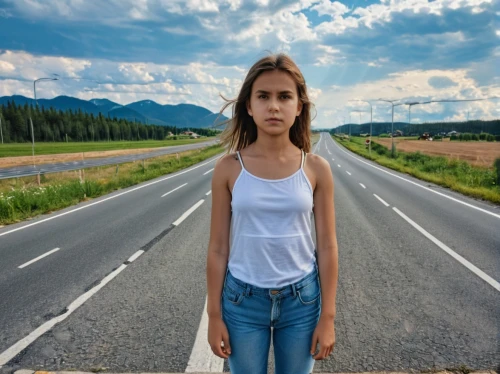 woman walking,girl in t-shirt,girl walking away,empty road,travel woman,isolated t-shirt,long road,open road,roadside,the side of the road,the road,pedestrian,hitchhiker,girl in a long,road,girl and car,highway,depressed woman,a pedestrian,crossing the highway