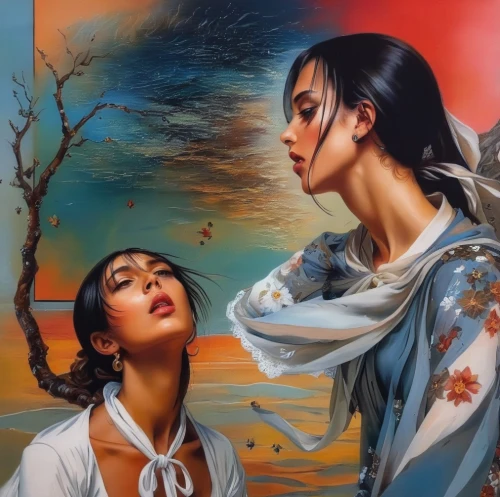 oil painting on canvas,romantic portrait,orientalism,oil painting,geisha,chinese art,oil on canvas,art painting,vintage art,secret garden of venus,oriental painting,surrealism,jasmine blossom,scent of jasmine,mirror image,fantasy art,geisha girl,dali,two girls,fantasy portrait,Illustration,Paper based,Paper Based 04