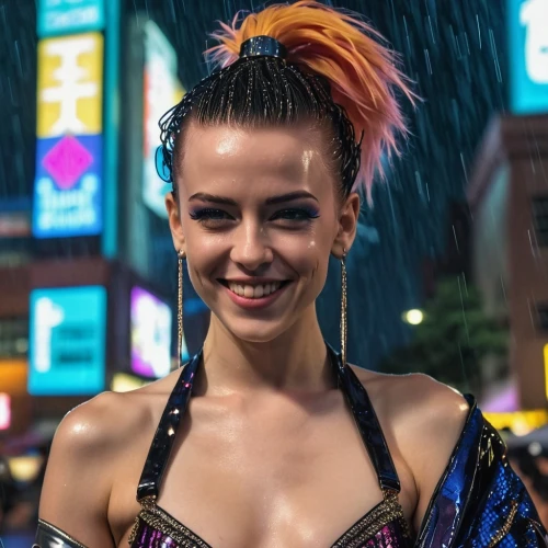 mohawk,wallis day,cyberpunk,streampunk,wet girl,harajuku,neon carnival brasil,symetra,neon body painting,premiere,punk,wet,showgirl,piper,pixie,time square,asian costume,retro woman,mohawk hairstyle,rockabella,Photography,General,Realistic