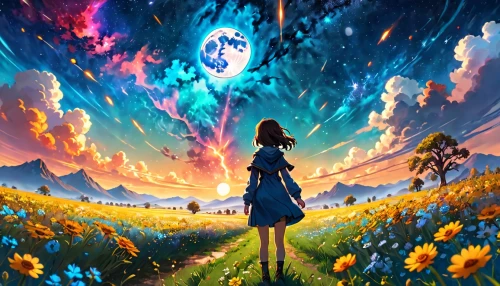 cosmos,cosmos field,sky,cosmos wind,fantasy picture,dream world,blooming field,universe,sky rose,fantasia,star sky,cosmic flower,wonderland,astral traveler,fairy galaxy,space art,field of flowers,falling stars,the universe,colorful stars,Anime,Anime,General