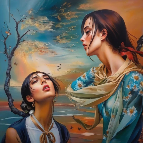 oil painting on canvas,romantic portrait,oil painting,two girls,art painting,the annunciation,hare krishna,oriental painting,romantic scene,oil on canvas,fantasy art,fantasy picture,orientalism,young women,meticulous painting,secret garden of venus,chinese art,amorous,mystical portrait of a girl,jasmine blossom,Illustration,Paper based,Paper Based 04
