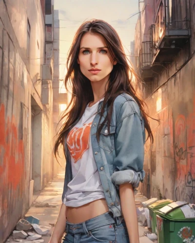 girl in t-shirt,jeans background,city ​​portrait,denim background,portrait background,world digital painting,croft,girl in overalls,digital painting,photo painting,girl with gun,high jeans,graffiti,girl with a gun,street artist,young model istanbul,digital compositing,girl portrait,lori,alley cat,Digital Art,Watercolor