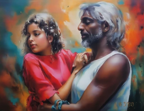 oil painting on canvas,jesus in the arms of mary,indian art,oil painting,biblical narrative characters,romantic portrait,holy family,oil on canvas,tamil culture,adam and eve,by chaitanya k,art painting,black couple,man and wife,church painting,man and woman,young couple,orientalism,sacred art,beautiful couple,Illustration,Paper based,Paper Based 04