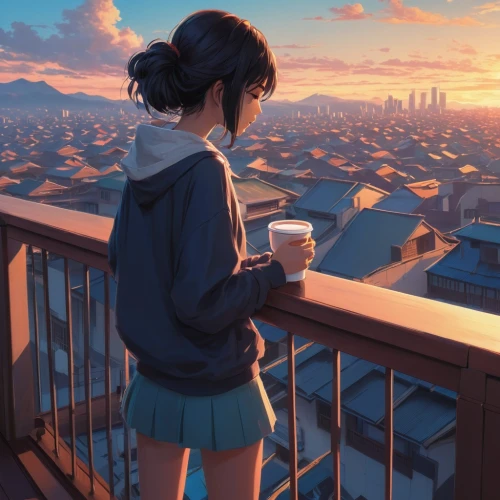 darjeeling,on the roof,sunrise,rooftop,rooftops,daybreak,dawn,morning light,drinking coffee,above the city,winter morning,morning sunrise,early morning,spring morning,summer evening,sunset,window sill,darjeeling tea,cityscape,roof top,Illustration,Japanese style,Japanese Style 05