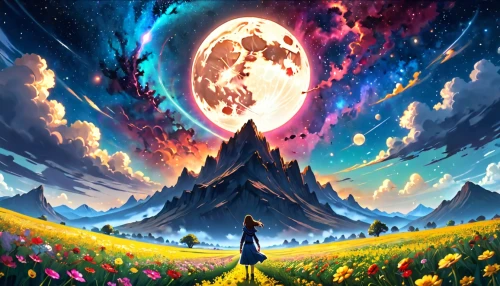 blooming field,fantasy landscape,mushroom landscape,mountain world,valley of the moon,dream world,fantasy picture,cosmos field,cosmos,volcano,world digital painting,fairy world,flower field,the earth,stratovolcano,field of flowers,wonderland,space art,fantasy world,fantasia,Anime,Anime,General