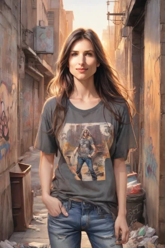 girl in t-shirt,girl in a historic way,isolated t-shirt,woman walking,wonder woman city,world digital painting,street artist,photo painting,woman holding gun,girl walking away,tshirt,portrait background,jeans background,italian painter,wonderwoman,oil painting,girl with gun,digital compositing,sprint woman,girl with a gun,Digital Art,Watercolor