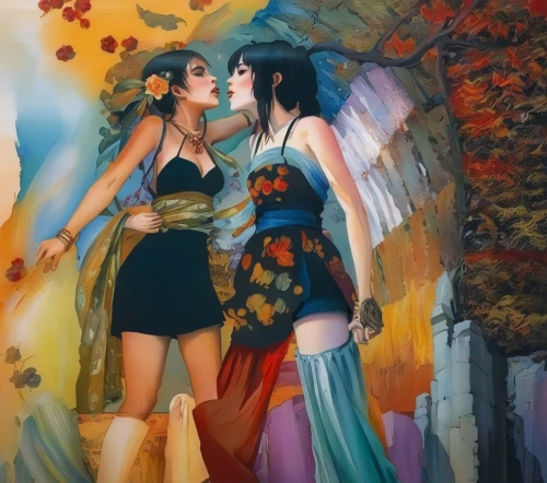 girl kiss,fantasy picture,secret garden of venus,fantasy art,kiss flowers,vintage fairies,fairies,two girls,mural,kissing,amorous,garden of eden,oil painting on canvas,floral greeting,romantic portrait,love in air,art painting,photo painting,honeymoon,fashion illustration,Illustration,Paper based,Paper Based 04
