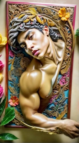 bodypainting,body painting,body art,decorative art,oriental painting,holding a frame,body building,glass painting,wood carving,chinese art,art model,bodypaint,art painting,bodybuilder,art nouveau frame,decorative figure,decorative frame,indian art,mexican calendar,persian poet