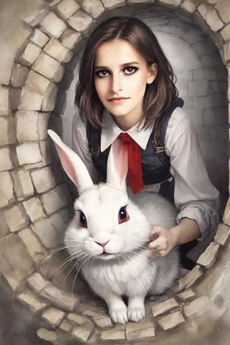 white rabbit,alice in wonderland,alice,white bunny,rabbits,labyrinth,rabbits and hares,cavy,little rabbit,rabbit,domestic rabbit,children's fairy tale,fairy tale character,fantasy portrait,bunny,gray hare,little bunny,hare,cd cover,leveret,Digital Art,Watercolor