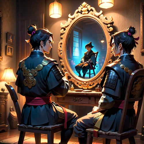 the mirror,magic mirror,game illustration,shanghai disney,mirror image,mirror reflection,chinese art,in the mirror,meticulous painting,self-reflection,cg artwork,doll looking in mirror,oriental painting,the little girl's room,anime japanese clothing,taiwanese opera,boy's room picture,hamelin,shuanghuan noble,3d fantasy,Anime,Anime,Cartoon
