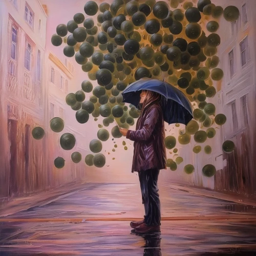 bowl of fruit in rain,man with umbrella,little girl with balloons,oil painting on canvas,watermelon painting,little girl with umbrella,watermelon umbrella,walking in the rain,pomelo,oil painting,girl with tree,art painting,umbrellas,pear cognition,oil on canvas,italian painter,overhead umbrella,girl walking away,green balloons,green apples,Illustration,Paper based,Paper Based 04