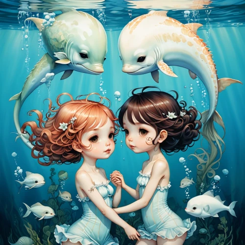 mermaids,underwater world,underwater background,mermaid background,believe in mermaids,watery heart,sea-life,sea creatures,under the sea,under sea,undersea,deep sea,under water,under the water,underwater,two fish,let's be mermaids,aquarium inhabitants,sea cows,water pearls,Illustration,Abstract Fantasy,Abstract Fantasy 11