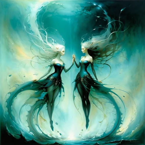 sirens,merfolk,angel and devil,mirror of souls,nine-tailed,gemini,angels of the apocalypse,mermaids,mermaid vectors,aporia,the zodiac sign pisces,fantasy art,siren,tour to the sirens,tidal wave,aquarius,angelology,pisces,angels,symbiotic,Illustration,Realistic Fantasy,Realistic Fantasy 16