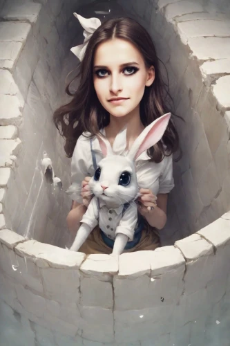 white rabbit,white bunny,alice,little bunny,bunny,easter bunny,alice in wonderland,the girl in the bathtub,little rabbit,porcelaine,porcelain,wonderland,rabbit,rabbits,doll cat,dollhouse,porcelain doll,fairy tale character,bunnies,children's fairy tale,Digital Art,Anime