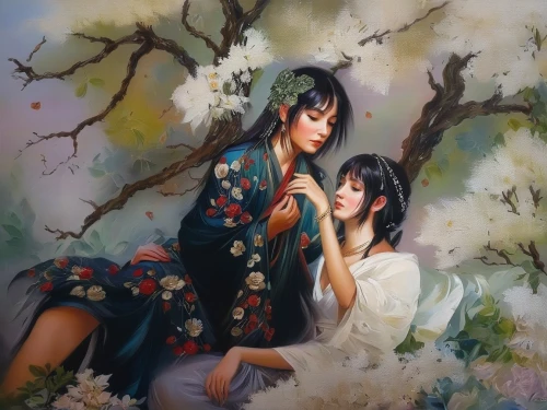 chinese art,oriental painting,romantic portrait,japanese art,japanese floral background,young couple,oil painting on canvas,dongfang meiren,floral greeting,asian culture,flower painting,the cherry blossoms,oil painting,kimono fabric,korean culture,art painting,splendor of flowers,plum blossoms,oriental,two girls,Illustration,Paper based,Paper Based 04