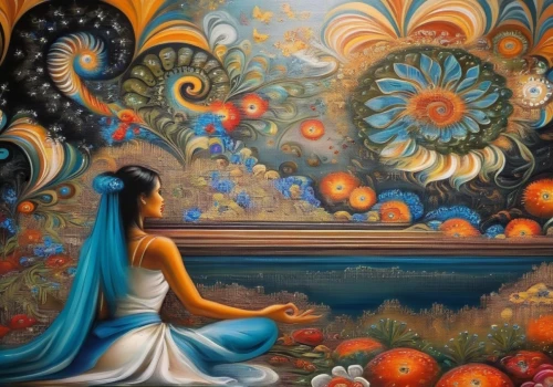 psychedelic art,sacred lotus,fractals art,meticulous painting,buddha focus,pachamama,lotus blossom,mirror of souls,shamanism,oil painting on canvas,yogananda,indian art,art painting,mantra om,water lotus,woman thinking,chinese art,shamanic,sacred art,fantasy art,Illustration,Paper based,Paper Based 04