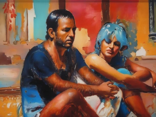 oil painting,oil painting on canvas,young couple,oil on canvas,two people,black couple,man and wife,italian painter,orientalism,art painting,man and woman,popular art,indian art,aborigines,boy and girl,oil paint,gypsies,sadhus,painting,couple,Illustration,Paper based,Paper Based 04