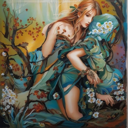 girl in flowers,jessamine,girl in the garden,oriental painting,faerie,faery,girl in a wreath,mucha,girl picking flowers,oil painting on canvas,radha,art nouveau,oil painting,flower painting,boho art,glass painting,chinese art,flora,art painting,japanese art,Illustration,Paper based,Paper Based 04